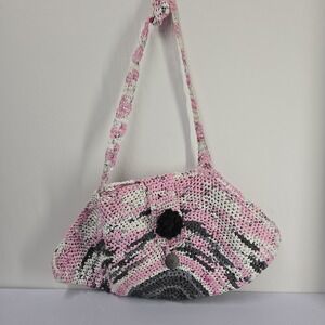 Handmade Crochet XL Hobo Bag‎ Pink White Gray Striped Boho Shoulder Bag